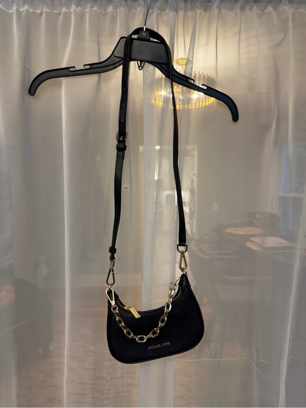 Michael Kors Black Leather Shoulder Bag with Gold Chain